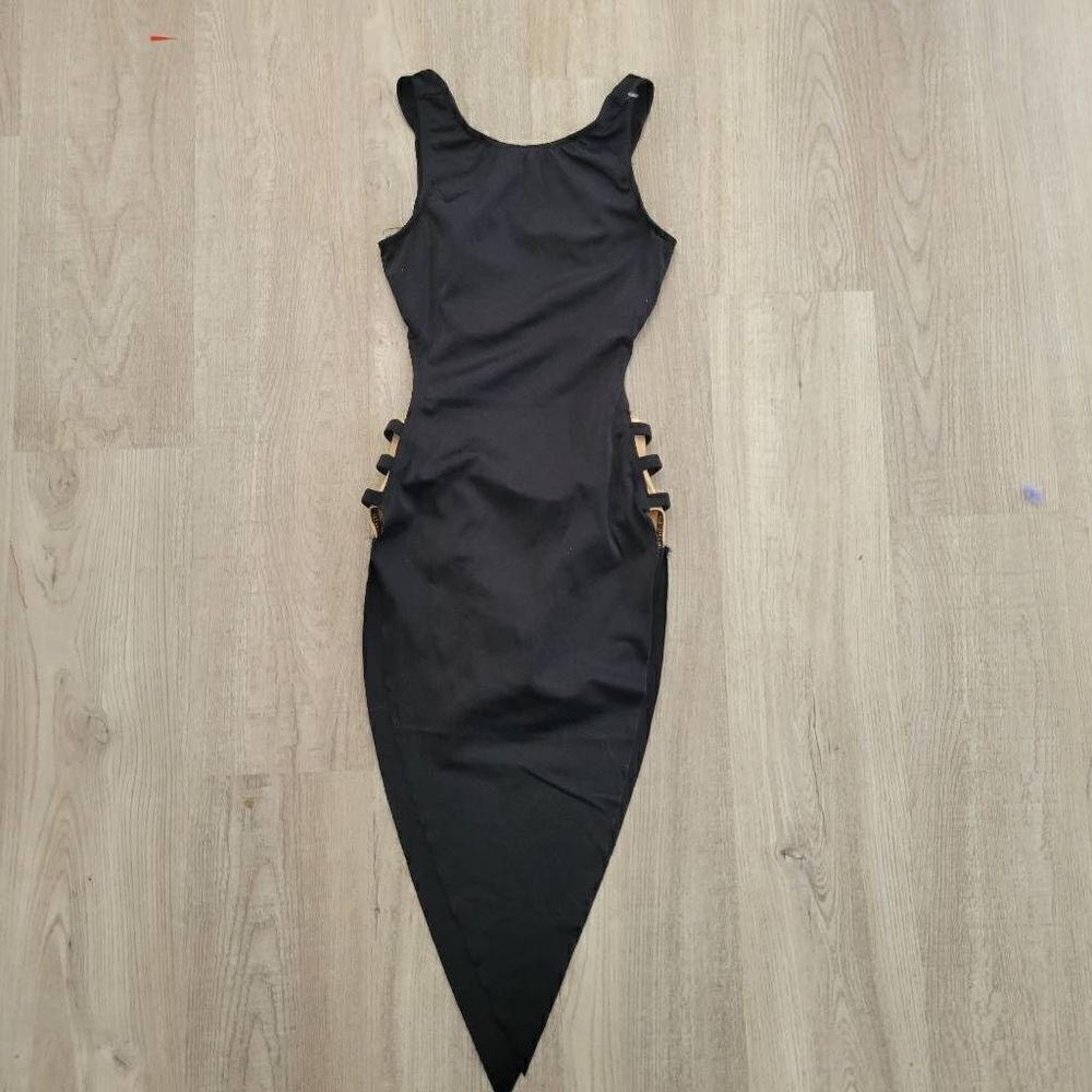 COPY - Weissman dance costume black unitard with tan cut out sides child medium…